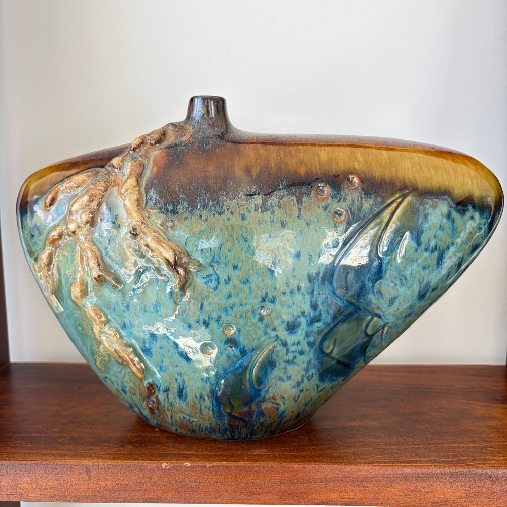 Vintage Artisan Drip Glaze Ceramic Fish Vase Blue Brown Asymmetrical Pottery